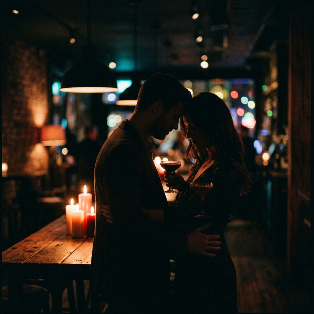 Casal em momento íntimo com drinks