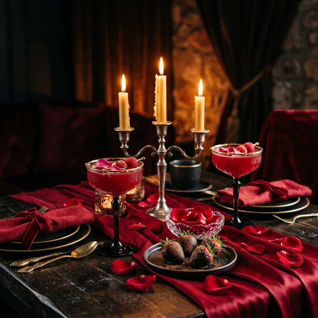 Mesa íntima com drinks afrodisíacos e pétalas de rosa